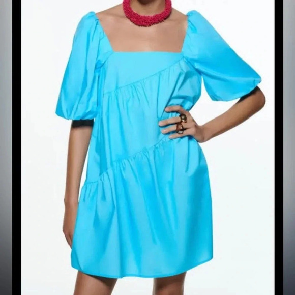 Zara Tiered Poplin Mini Dress neon Electric Blue turquoise short puff sleeves - Picture 1 of 7